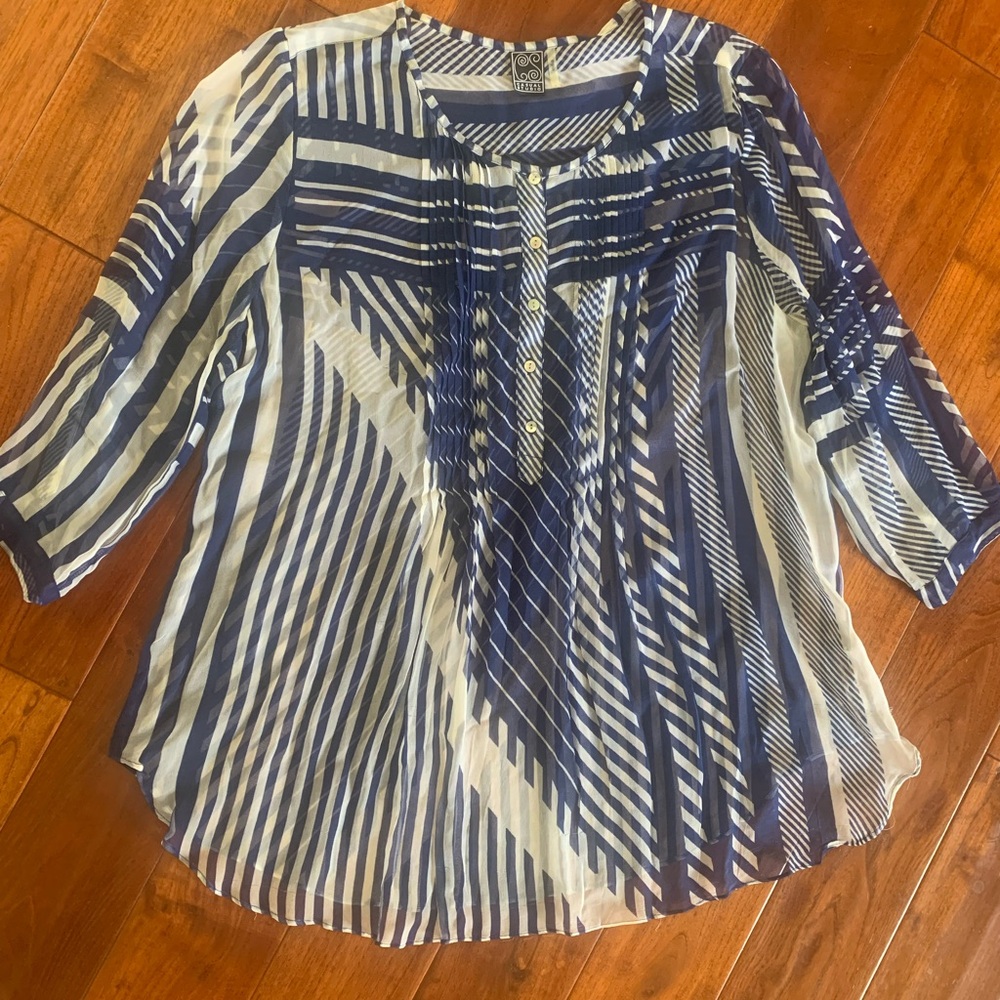 Studio Works Blouse Large 3/4 Sleeve Casual Pintuck Blue & White Striped Top 90s